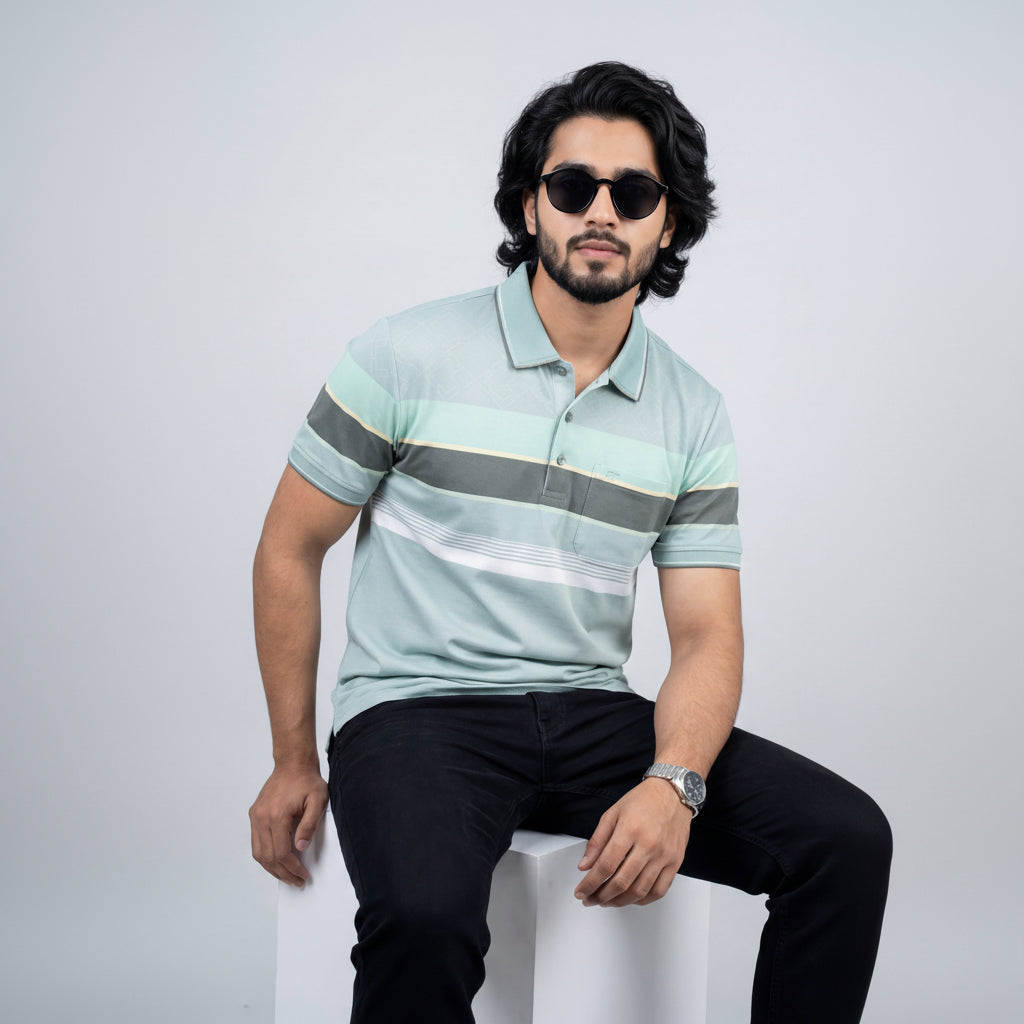 Men’s Premium Striped Polo T-Shirt -Olive Green & Off-White
