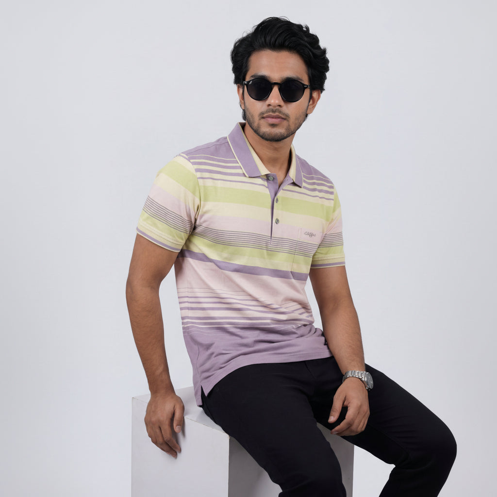 Men’s Premium Striped Polo T-Shirt -Light Purple & Lime Green