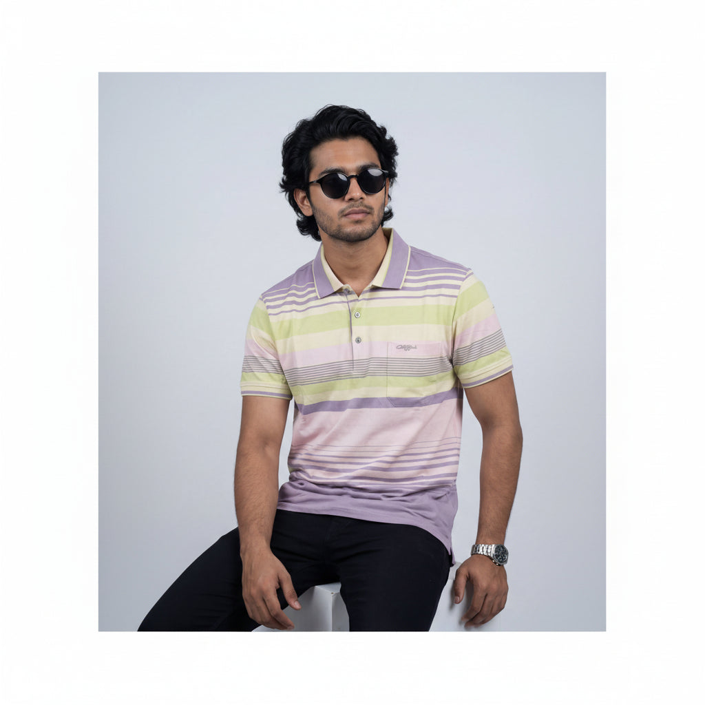 Men’s Premium Striped Polo T-Shirt -Light Purple & Lime Green