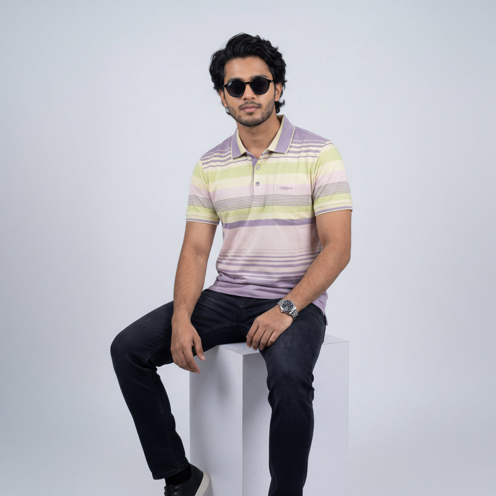 Men’s Premium Striped Polo T-Shirt -Light Purple & Lime Green