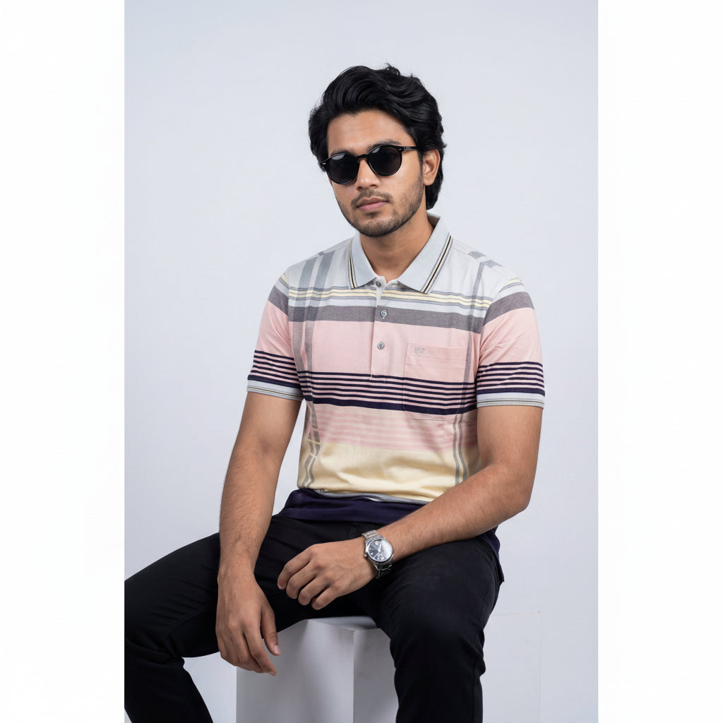 Men’s Premium Striped Polo T-Shirt -Navy Blue & Light Grey