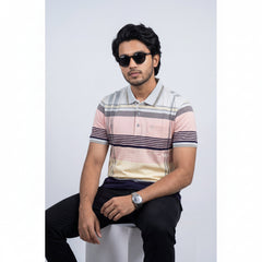 Men’s Premium Striped Polo T-Shirt -Navy Blue & Light Grey
