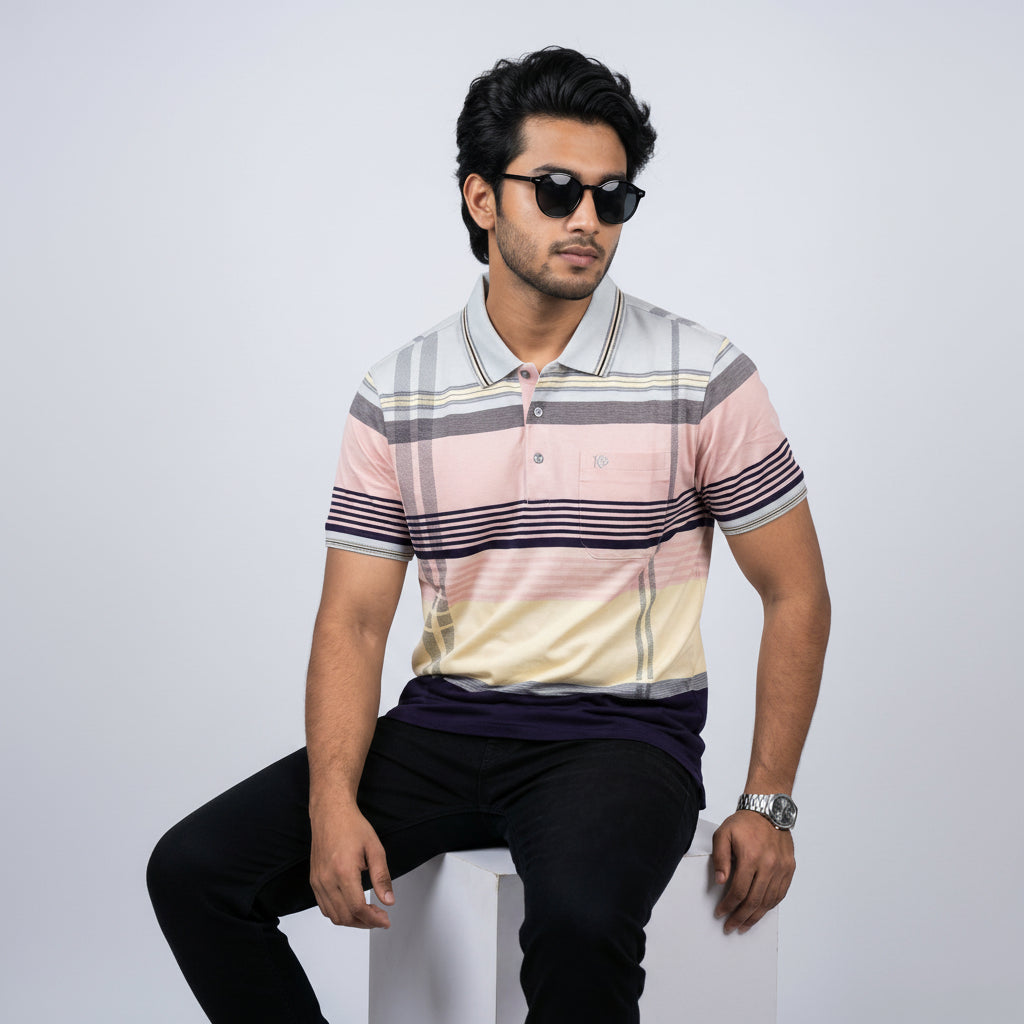 Men’s Premium Striped Polo T-Shirt -Navy Blue & Light Grey