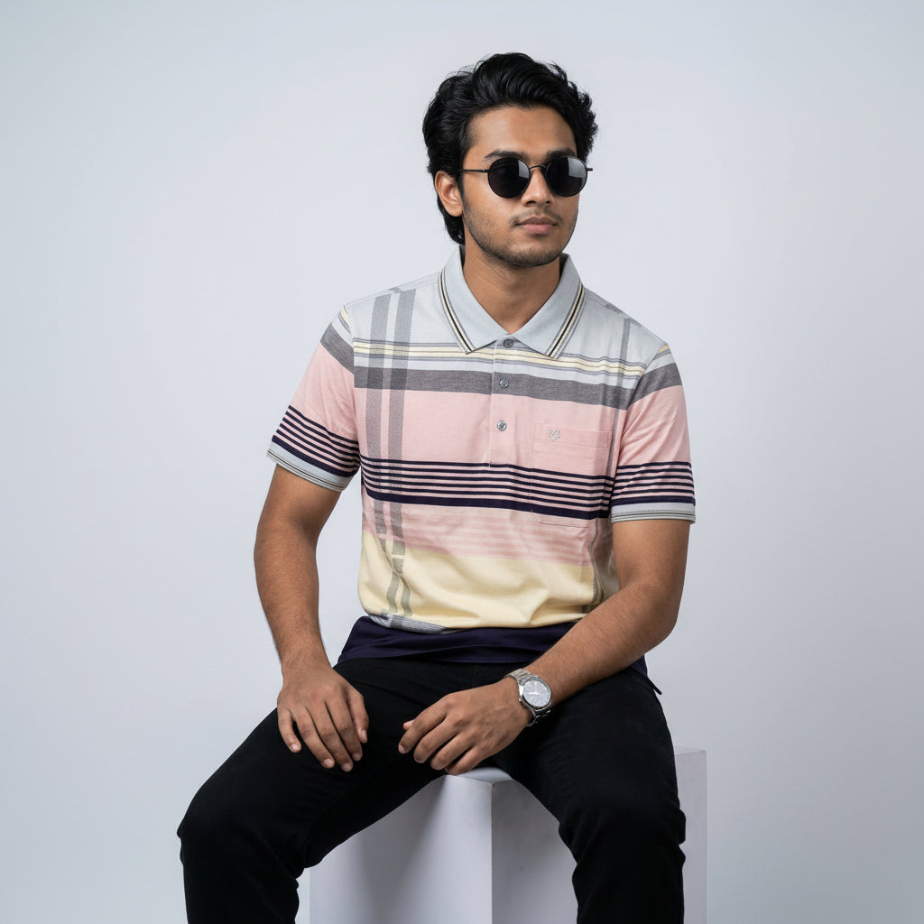 Men’s Premium Striped Polo T-Shirt -Navy Blue & Light Grey