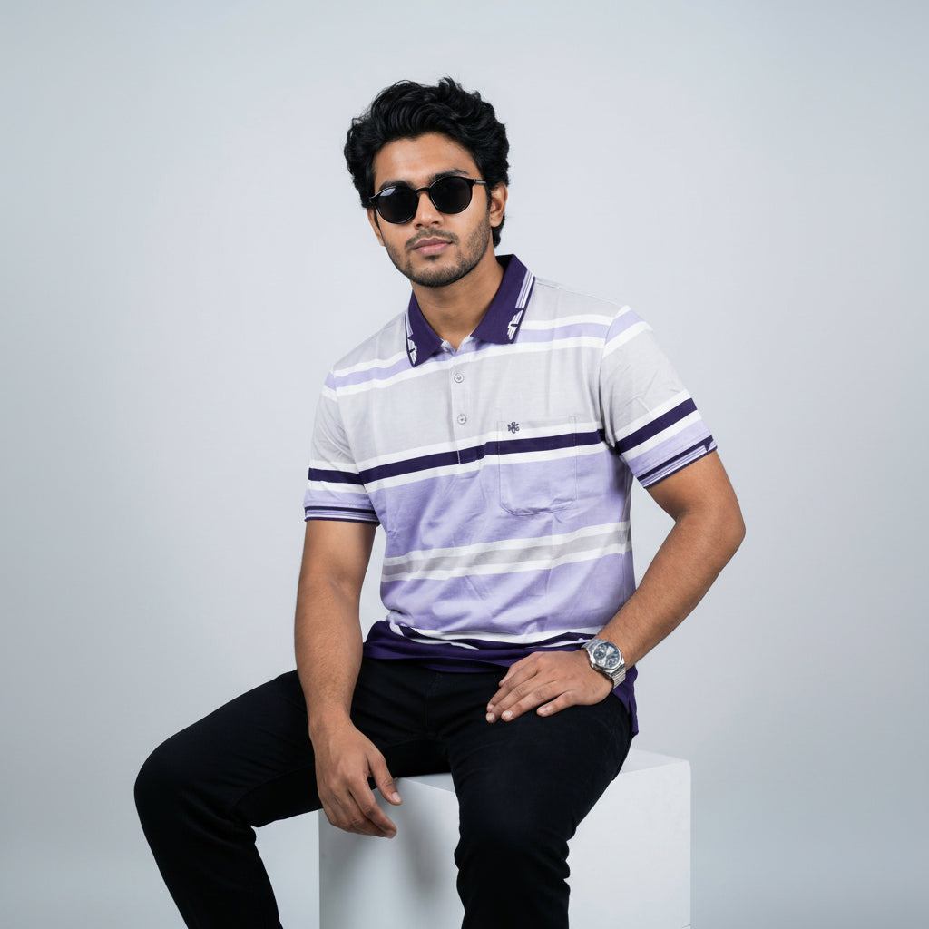 Men’s Premium Striped Polo T-Shirt -Light Grey & Ash