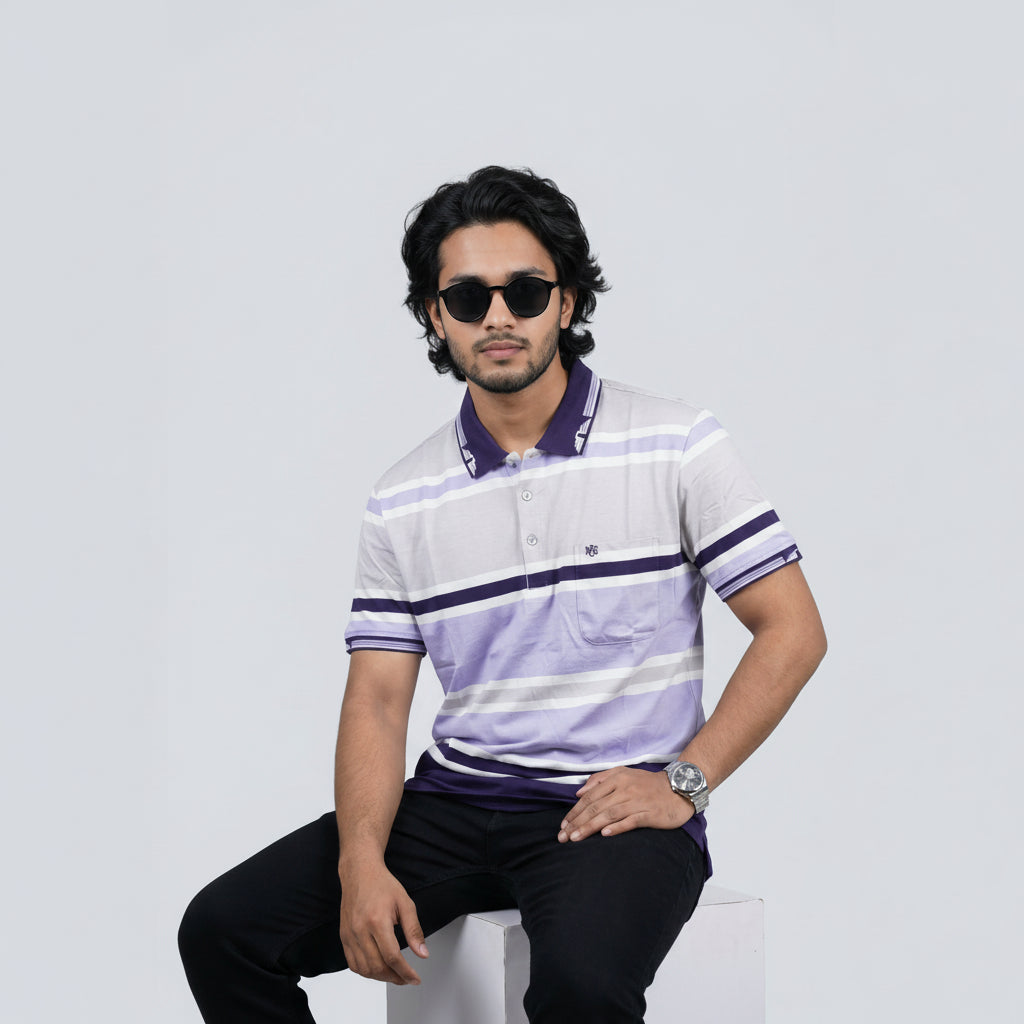 Men’s Premium Striped Polo T-Shirt -Light Grey & Ash