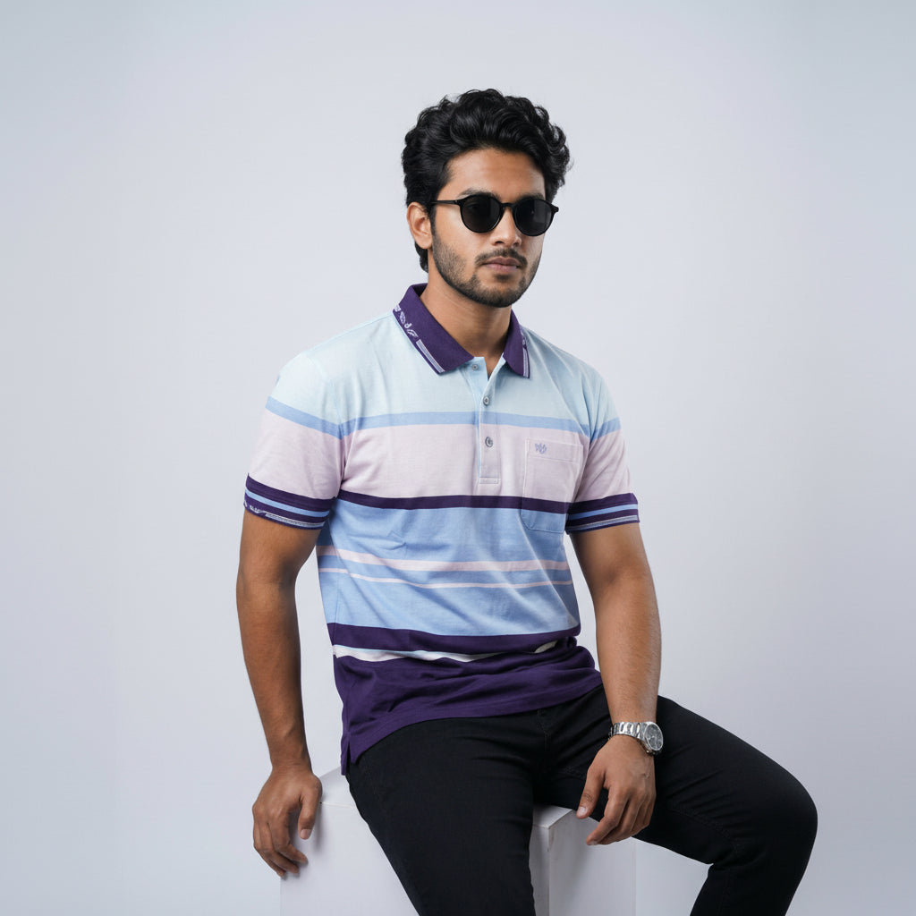 Men’s Premium Striped Polo T-Shirt -Light Blue & Purple