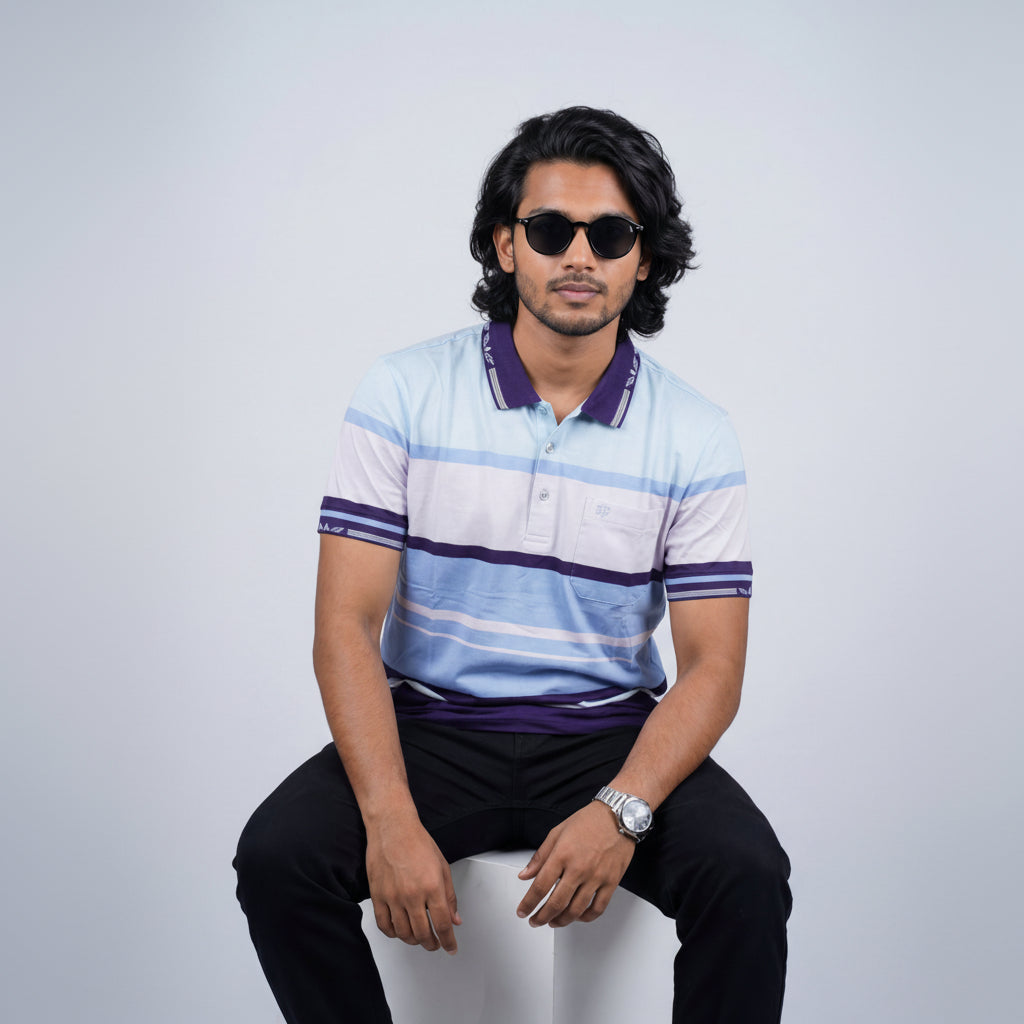 Men’s Premium Striped Polo T-Shirt -Light Blue & Purple