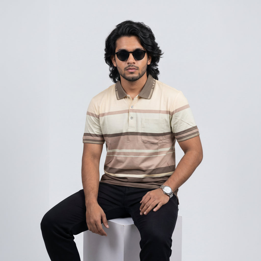 Men’s Premium Striped Polo T-Shirt -Taupe & Muted Brown