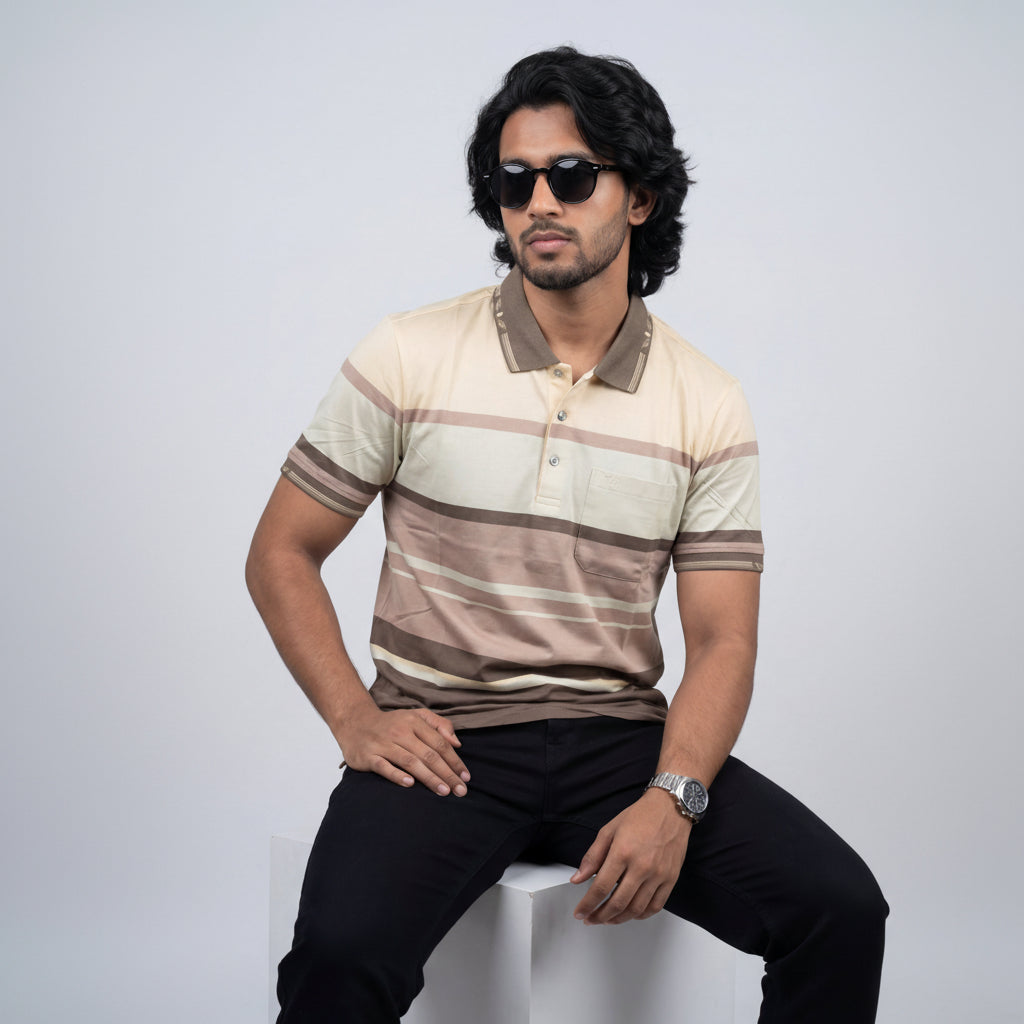 Men’s Premium Striped Polo T-Shirt -Taupe & Muted Brown