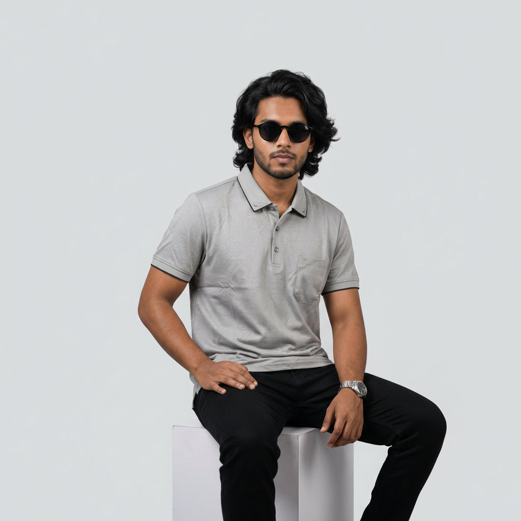 Men’s Premium Striped Polo T-Shirt -Silver Grey