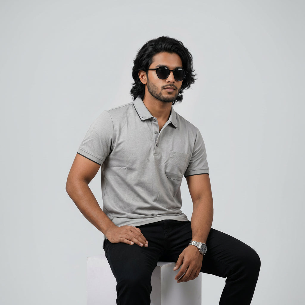 Men’s Premium Striped Polo T-Shirt -Silver Grey