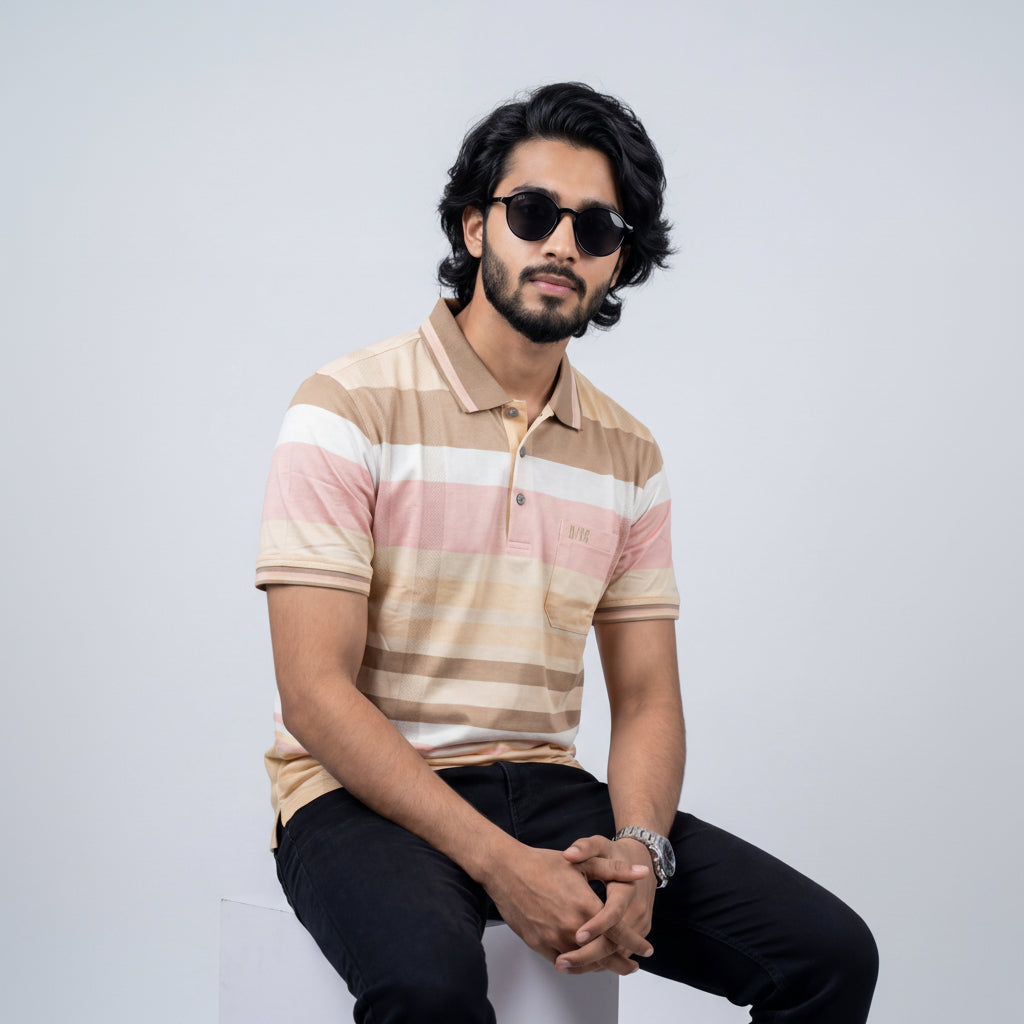 Men’s Premium Striped Polo T-Shirt -Peach Pink & Cream Stripes