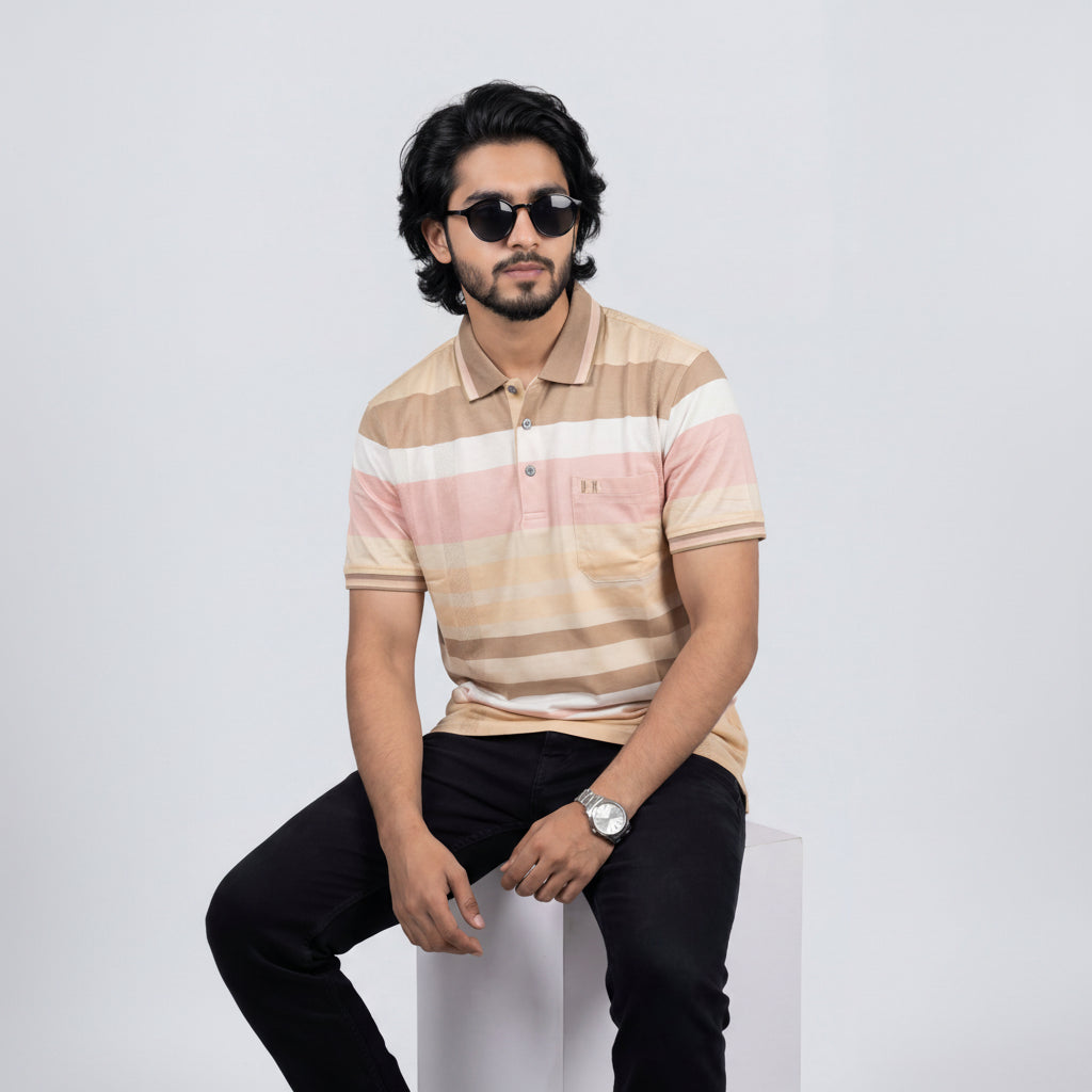 Men’s Premium Striped Polo T-Shirt -Peach Pink & Cream Stripes