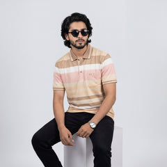 Men’s Premium Striped Polo T-Shirt -Peach Pink & Cream Stripes