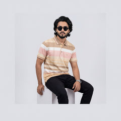 Men’s Premium Striped Polo T-Shirt -Peach Pink & Cream Stripes
