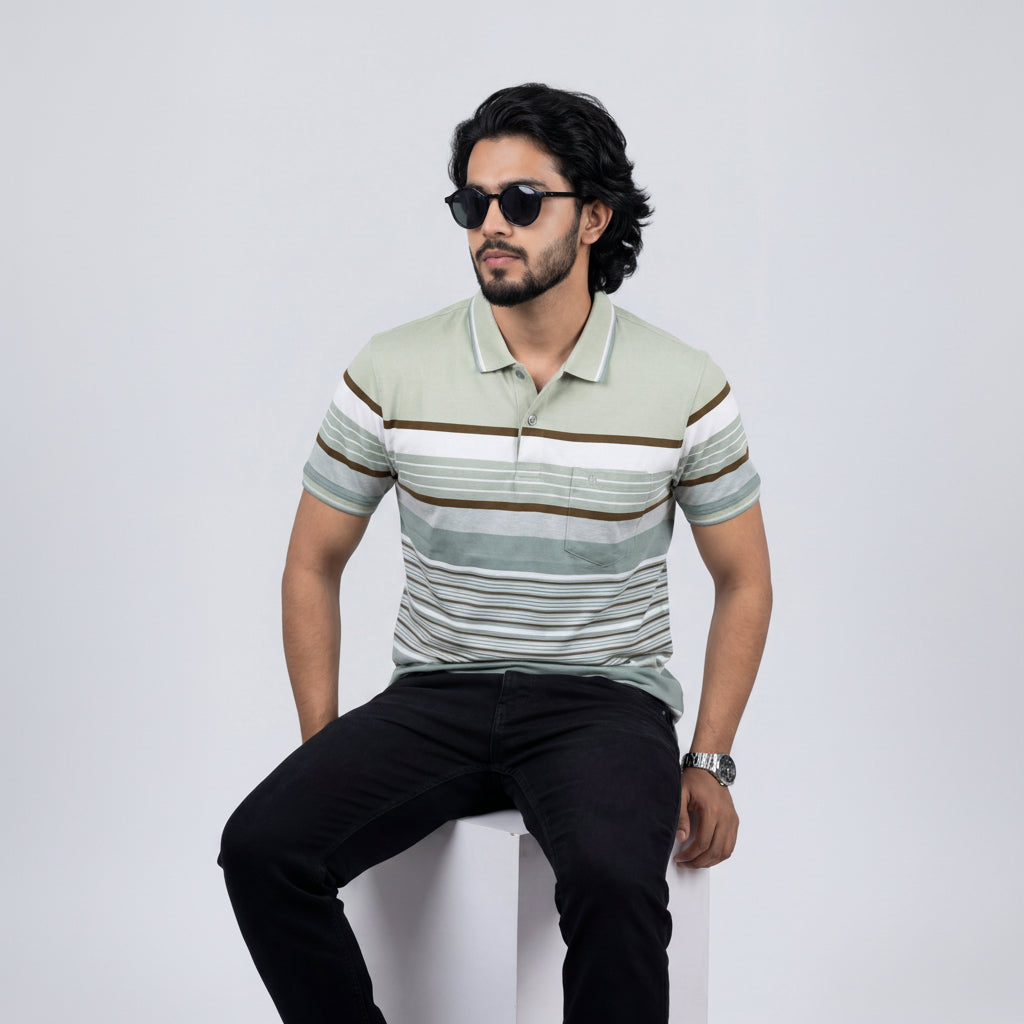 Men’s Premium Striped Polo T-Shirt -Mint Green & Off White 