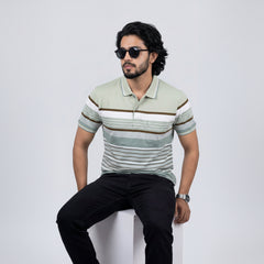 Men’s Premium Striped Polo T-Shirt -Mint Green & Off White 