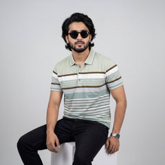 Men’s Premium Striped Polo T-Shirt -Mint Green & Off White 
