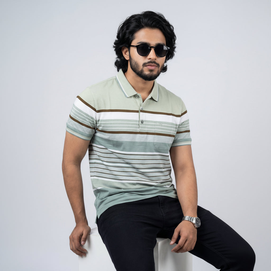 Men’s Premium Striped Polo T-Shirt -Mint Green & Off White 