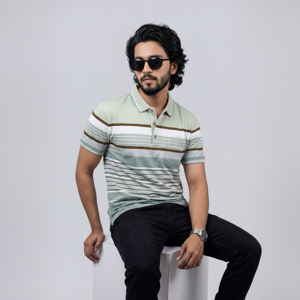 Men’s Premium Striped Polo T-Shirt -Mint Green & Off White 