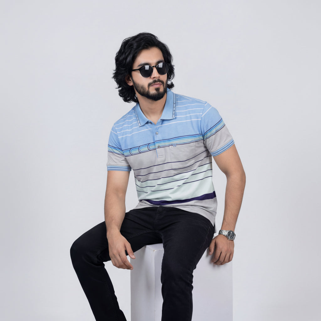 Men’s Premium Striped Polo T-Shirt -Sky Blue & Light Blue
