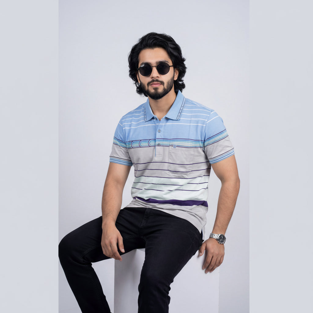 Men’s Premium Striped Polo T-Shirt -Sky Blue & Light Blue