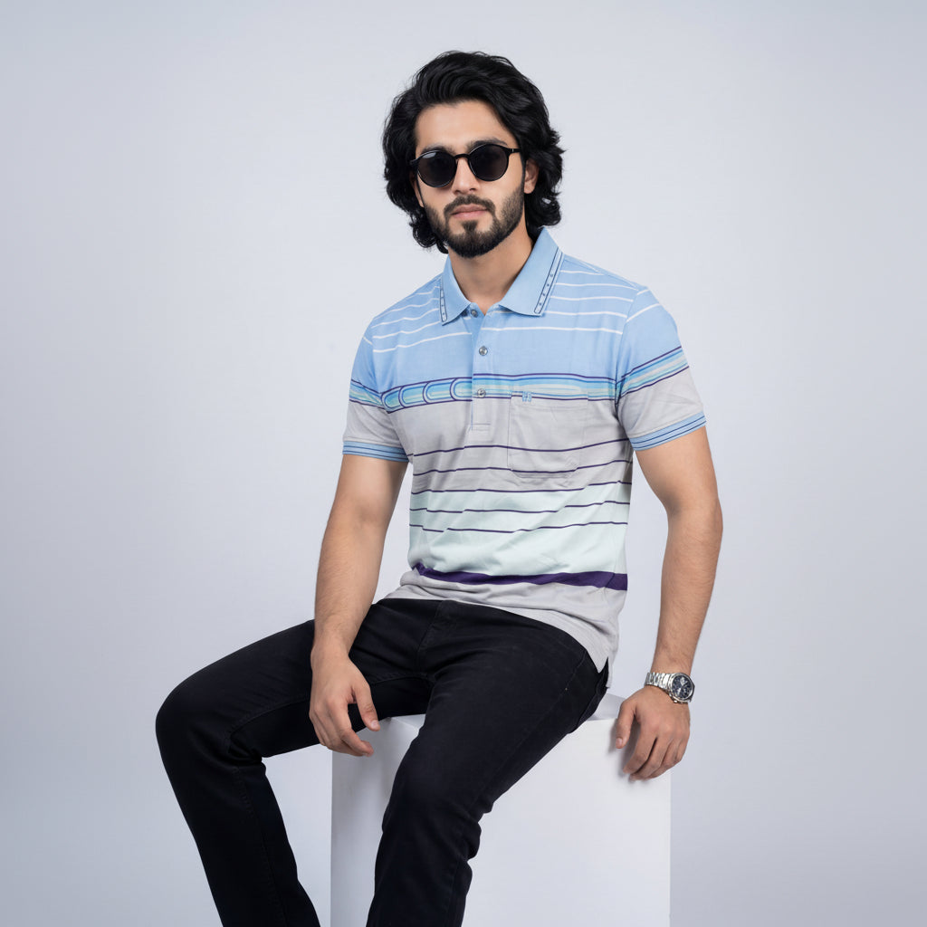 Men’s Premium Striped Polo T-Shirt -Sky Blue & Light Blue
