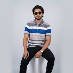 Men’s Premium Striped Polo T-Shirt -Light Grey & Silver Grey