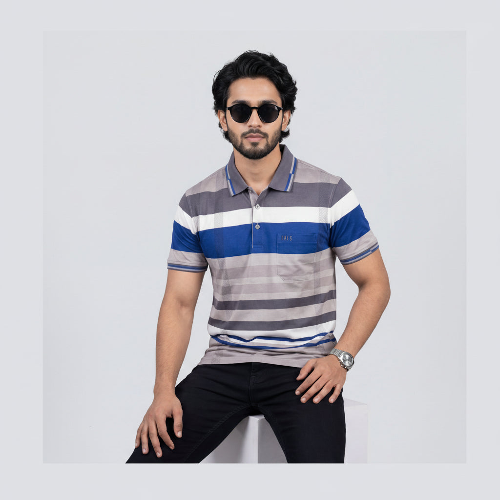 Men’s Premium Striped Polo T-Shirt -Light Grey & Silver Grey
