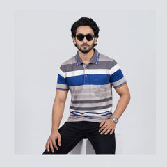 Men’s Premium Striped Polo T-Shirt -Light Grey & Silver Grey