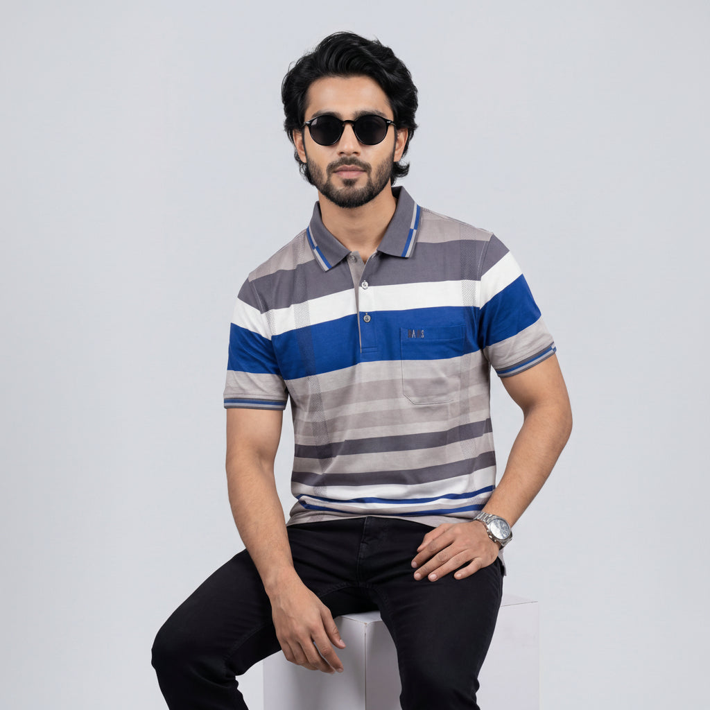 Men’s Premium Striped Polo T-Shirt -Light Grey & Silver Grey